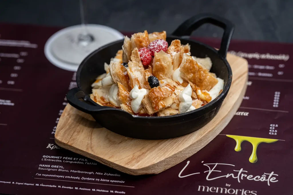 Millefeuille dessert with cream and berries at Memories L’Entrecôte’s Restaurant Rooftop, Larnaca