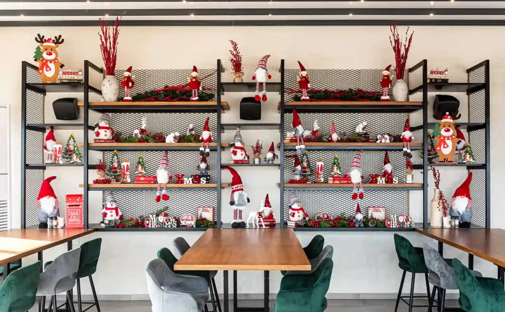 Christmas decor shelves at Memories L’Entrecôte’s Restaurant Rooftop, Rise Urban Art Hotel, Larnaca