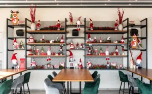 Christmas decor shelves at Memories L’Entrecôte’s Restaurant Rooftop, Rise Urban Art Hotel, Larnaca